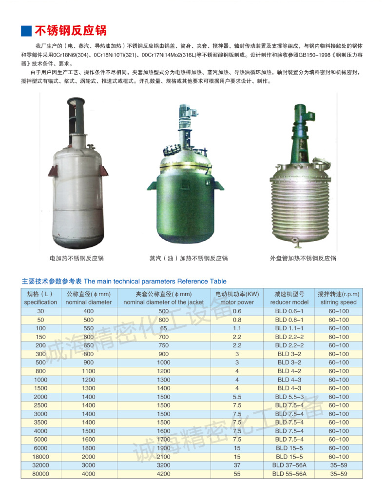 內盤管反應釜規格參數表