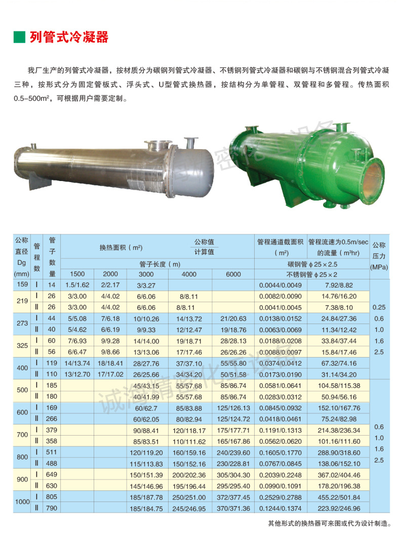 立式列管冷凝器參數尺寸